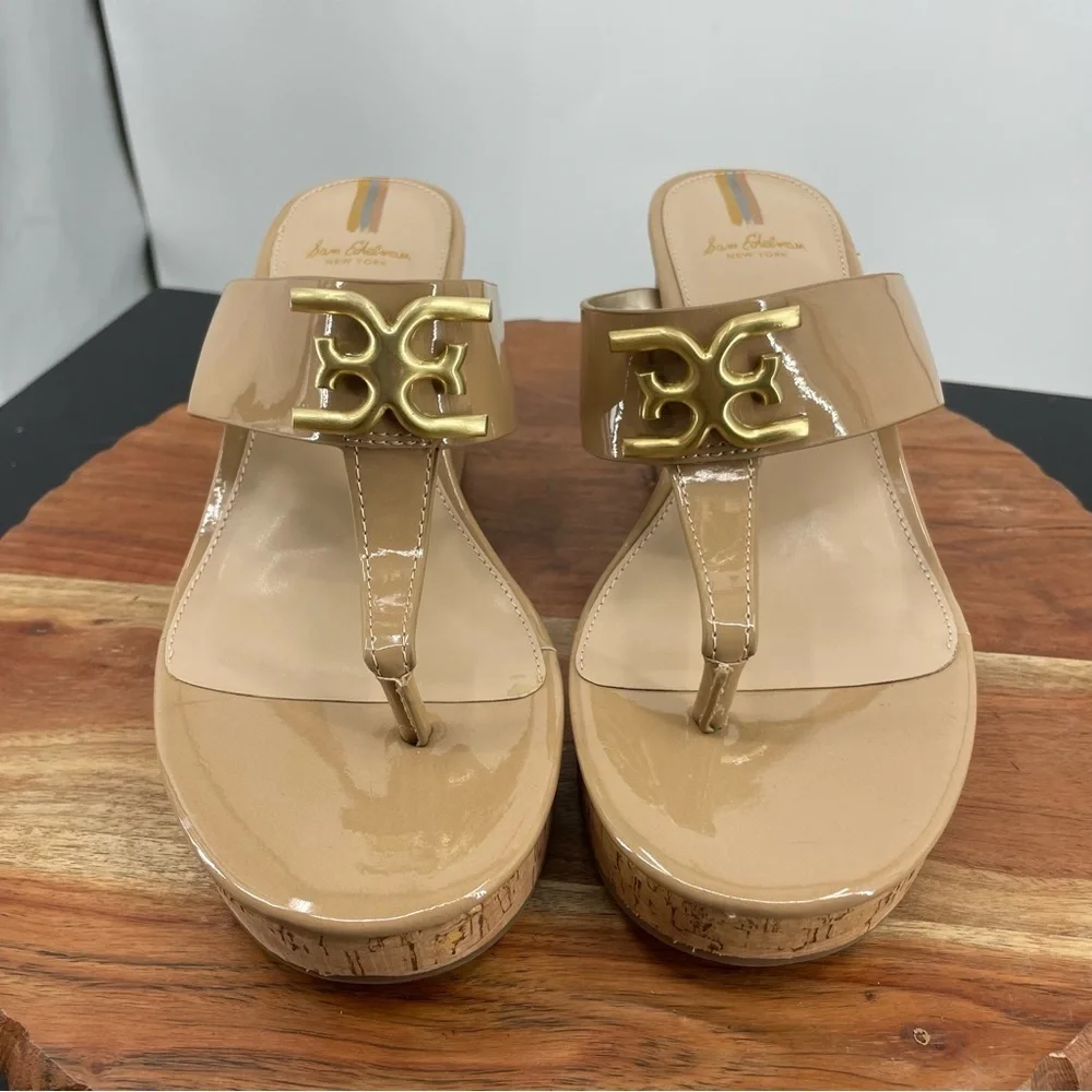 Sam Edelman Yardlie Emblem Platform Wedge Sandals beige patent leather Sz 8‎